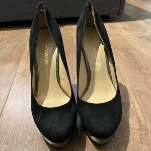 Black suede platform pumps, size 8